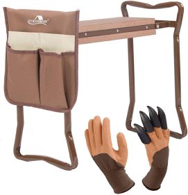 Folding Garden Kneeler Seat Foldable Bench Stool Soft Kneeling Pad w/ Tool Pouch;  Coffee Brown