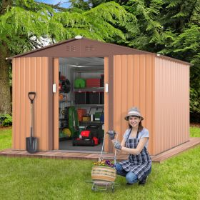 9.1' x 10.5' Outdoor Metal Storage Shed, Garden Tool Shed Storage House with Double Sliding Doors and 4 Vents for Backyard, Patio, Lawn, coffee